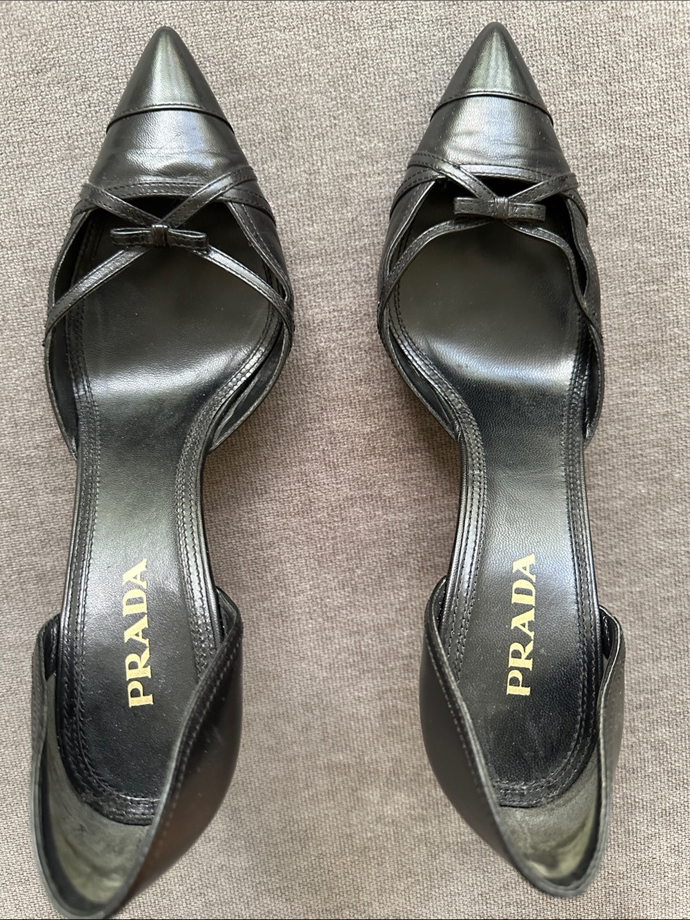 Prada Black Pointed-Toe D'Orsay Slingback Heels with Bow